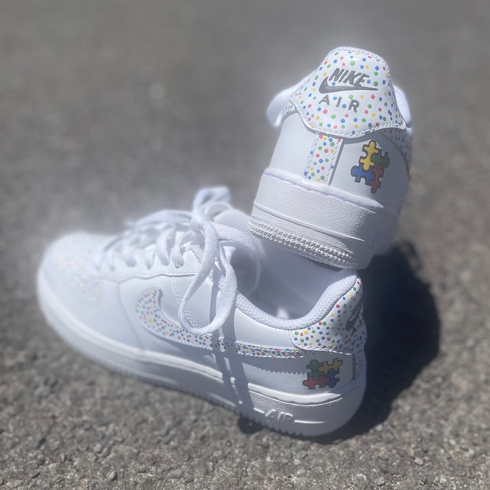 Nike Kids White Sneakers with Puzzle Accents (autism awareness)